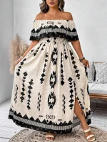 Plus Size Off-Shoulder Patchwork Dress
