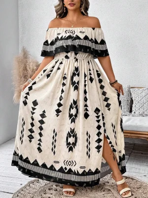 Plus Size Off-Shoulder Patchwork Dress