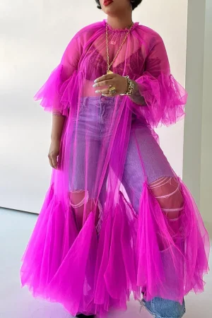 Plus Size Magenta Mesh Ruffle Hem Dress
