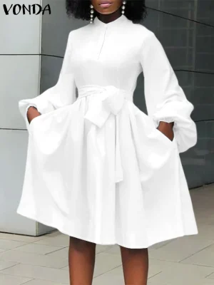 Plus Size 5XL Knee-Length Dress – 2025 Elegant Long Sleeve Sundress