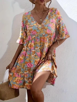 Plus Size Boho Floral Ruffle Dress