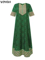 Plus Size 5XL 2025 Boho Vintage Maxi Dress – Loose V-Neck, Half Sleeve