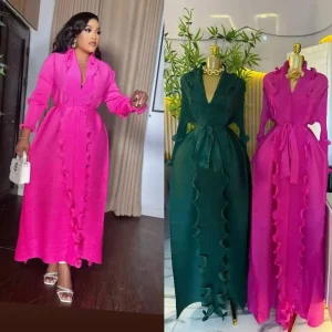 plus Size Miyaki Pleated Dress – Belted Slim Fit Elegant Style