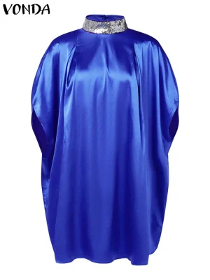 Plus Size High Neck Knee-Length Dress – Loose & Elegant