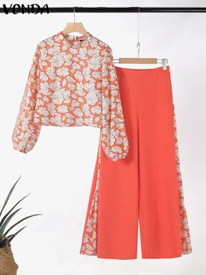 Plus Size Floral Patchwork Set – 2PCS Top & Pants