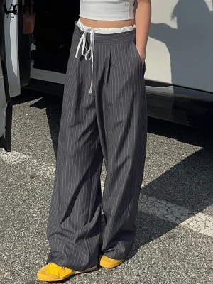 2025 Women’s Casual Wide Leg Stripe Pants with Color Patchwork