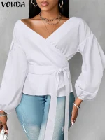 Plus Size VONDA 5XL Ruffled Lantern Sleeve Blouse – 2025