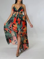 Plus Size 2025 Summer Printed V-Neck Suspender Dress