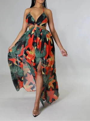 Plus Size 2025 Summer Printed V-Neck Suspender Dress