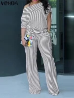 Women’s 2025 Striped Off-Shoulder Top & Wide Leg Pants Set
