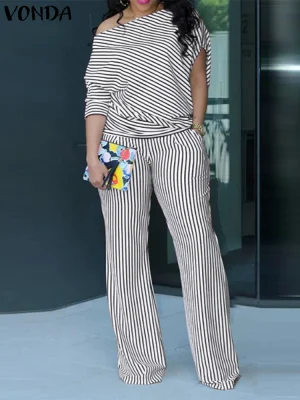 Women’s 2025 Striped Off-Shoulder Top & Wide Leg Pants Set