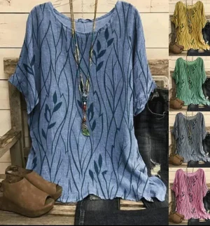 Plus Size Leaves Print Vintage Blouse (S–8XL)