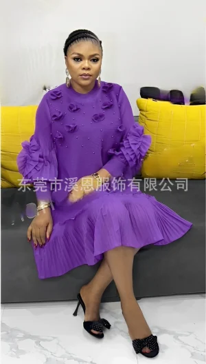 Women’s Miyaki Plus Size Pleated Dress with Beaded Ruffle Hem