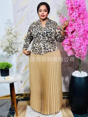 New Women’s Miyaki Pleated Skirt Suit with Leopard Print Top
