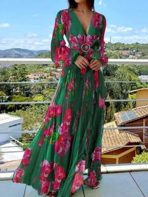 “Plus Size Vintage Floral Puff Sleeve Dress”