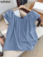 Plus Size Denim Blouse – Ruffled Short Sleeve Casual Tunic Top