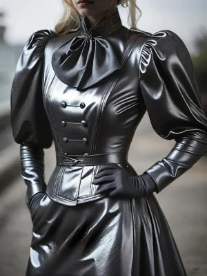 “Faux Leather PU Lantern Sleeve Top”