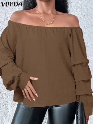 Plus Size VONDA 5XL Off-Shoulder Lantern Sleeve Blouse – 2025