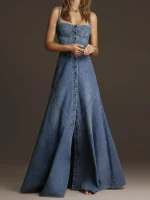 Women’s Denim Spaghetti Strap A-Line Dress”