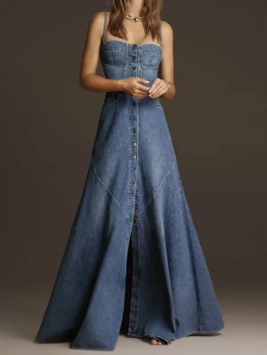 Women’s Denim Spaghetti Strap A-Line Dress”