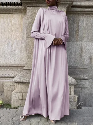 Plus Size Elegant Maxi Dress – Long Sleeve, High Collar, Flared Fit
