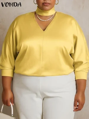 Plus Size 5XL Satin Silk V-Neck Blouse – 2025 Elegant Work & Casual Top