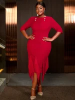 Red Bodycon Midi Dress with O Neck & Tassel Sleeves