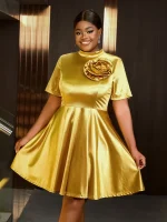A-Line Dress with Half High Collar & 3D Flowers
