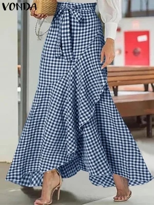 Plus Size Plaid Asymmetric Ruffled Skirt – Waistband Split Design