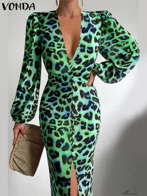 Plus Size VONDA Leopard Print V-Neck Dress