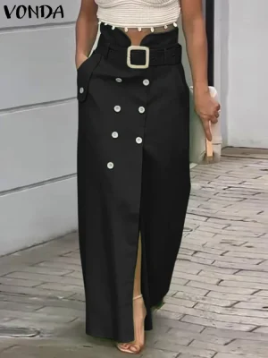 Casual Oversized Long Skirt – Waistband Button Slit Design