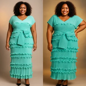 Miyaki2025 Plus Size Pleated V-Neck Summer Dress with Lace-Up Waist"