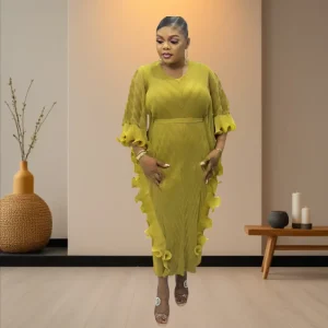 Miyake Plus Size Pleated Bat Sleeve Slim Fit Dress