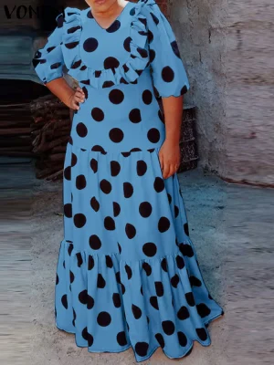 VONDA Women's Polka Dot Boho Ruffle Dress – Summer V-Neck Sundress"