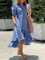VONDA Vintage Plaid Asymmetrical Puff Sleeve Dress