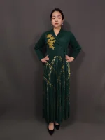 Miyaki Plus Size Pleated Two-Piece Dress – V-Neck Corsage & Skirt