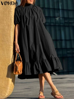 Women’s Ruffled Midi Dress – Elegant Casual Workwear