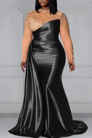 Plus Size Black Satin Mermaid Evening Dress