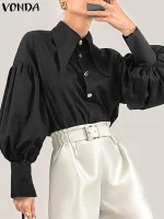 Plus Size VONDA Lapel Collar Lantern Sleeve Shirt – 2025