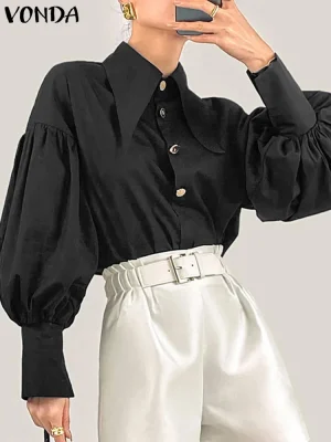 Plus Size VONDA Lapel Collar Lantern Sleeve Shirt – 2025