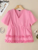 Women’s Summer Ruffled Blouse – 2025 Casual Puff Sleeve Tunic
