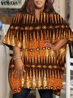 Plus Size V-Neck Boho Blouse – Printed Half Sleeve Tunic (Up to 5XL)
