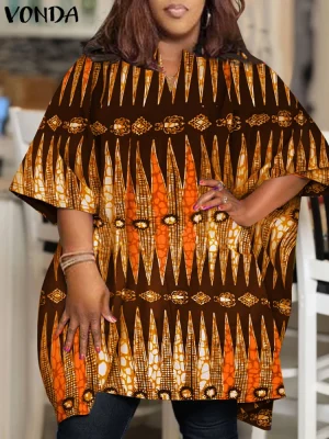 Plus Size V-Neck Boho Blouse – Printed Half Sleeve Tunic (Up to 5XL)