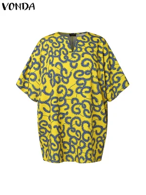 Plus Size 5XL Boho V-Neck Blouse – Printed, Half Sleeve, Loose Fit