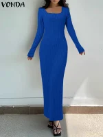 Plus Size VONDA Knitted Square Neck Ankle-Length Dress – 2025