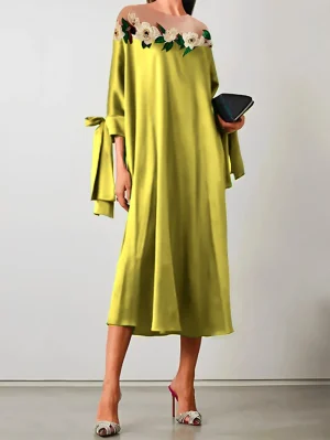 Elegant 3D Floral Satin Midi Dress