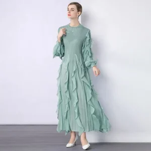 Plus Size Pleated Long Dress with Ruffle Sleeves
