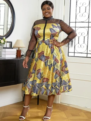Floral Patchwork A-Line Midi Dress with Sheer Sleeves