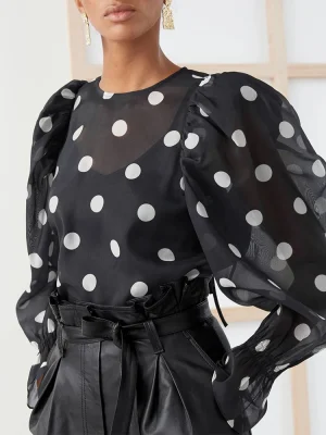 “Sheer Puff Sleeve Polka Dot Blouse”