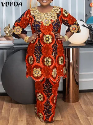 Plus Size 5XL VONDA Boho Floral Dress Set